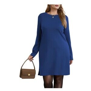 Women Round Neck Long Sleeves shirt midi Dress Elegant Side Split Pullover Large